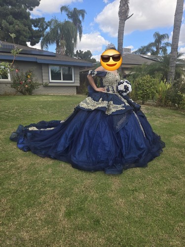 Tulle Navy Blue & Gold Off the Shoulder quinceanera Glitter dress