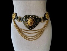 Vtg 80s Lion Head On Green Leather Metal Chain Belt Elvis Baroque Boho OS Glam