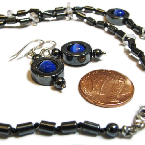 Sleek Sterling Silver Blue Glass Cat's Eye & Hematite Jewelry Set By SoniaMcD - Picture 10 of 12