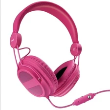 Kid Friendly Headphones Volume Control Over Ear 85dB Inline Mic 3.5mm Jack Pink