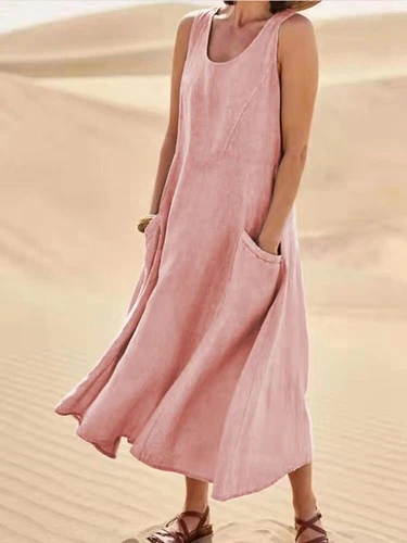 Women's Cotton Linen Maxi Dress Ladies Solid Pockets Sleeveless Summer Sundress - Picture 16 of 34