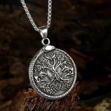 Stainless Steel Tree of Life Pendant Necklace Chain Yggdrasil Mythology Jewelry