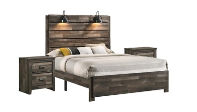 Rustic Brown 3Pc Built in Sconce Light Lamps Platform King Bed and Nightstands