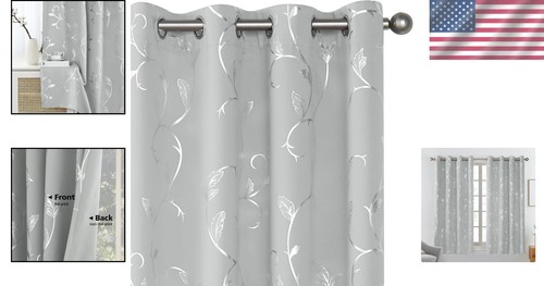 Noise Reducing Room Darkening Curtains 63 Inches - Elegant Silver Floral Design - Picture 2 of 10