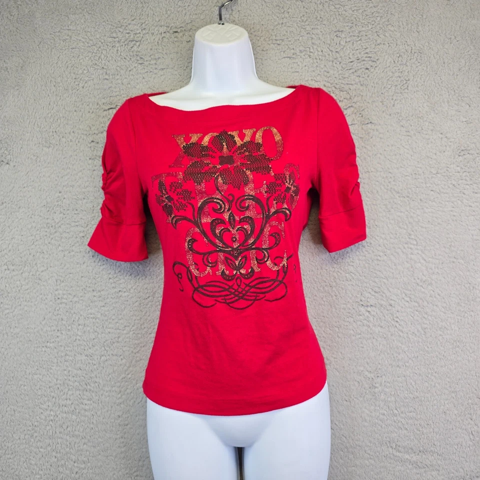 Vintage Y2K XOXO Top Women’s Medium Red Floral Graphic Print Fairy Grunge 90s - Image 2 of 4