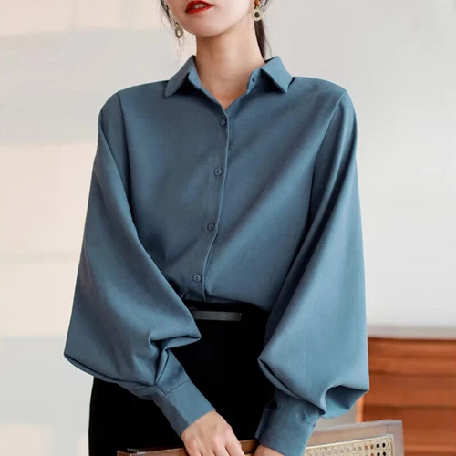Women Puff Sleeve Button Down Shirt Lady Casual Loose Shirt Blouse Top Asian sz - Foto 9 di 26