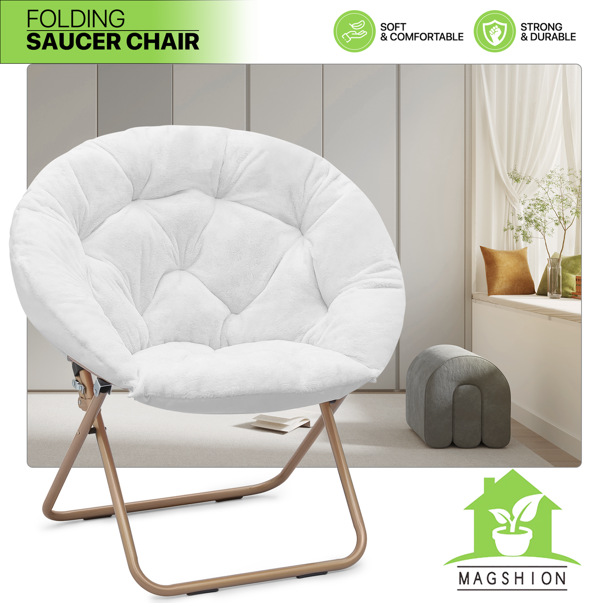 Foldable Saucer Chair White Oversized Round Cozy Moon Lounge Chair