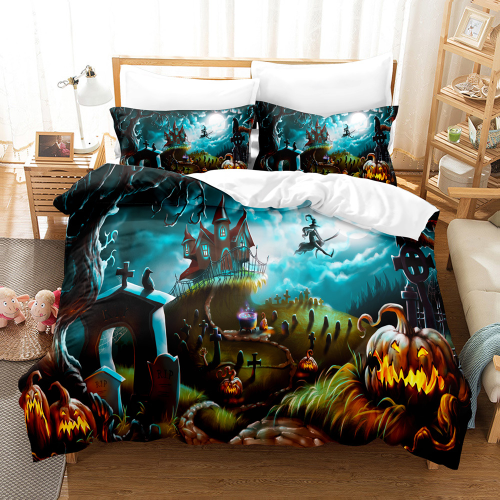 Halloween Bedding Set Cartoon Pumpkin Castle Bat Dark Horror Night Quilt Cover - Bild 3 von 40