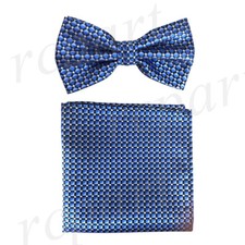 New Men's micro fiber Pre-tied Bow tie  hankie Blue royal blue checkers formal