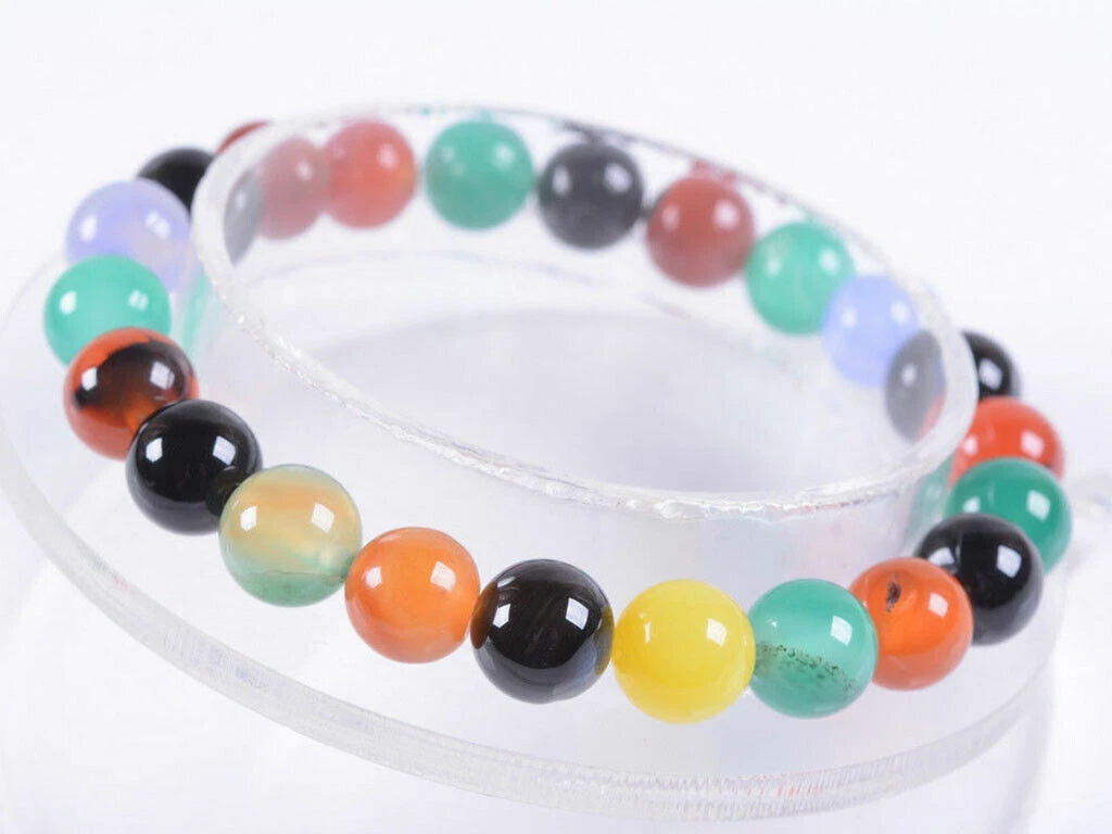 VALENTINO "Braccialetto Stretch Perline Pietra Rotonda Agata Indiana Multicolore 10 mm 7 5""