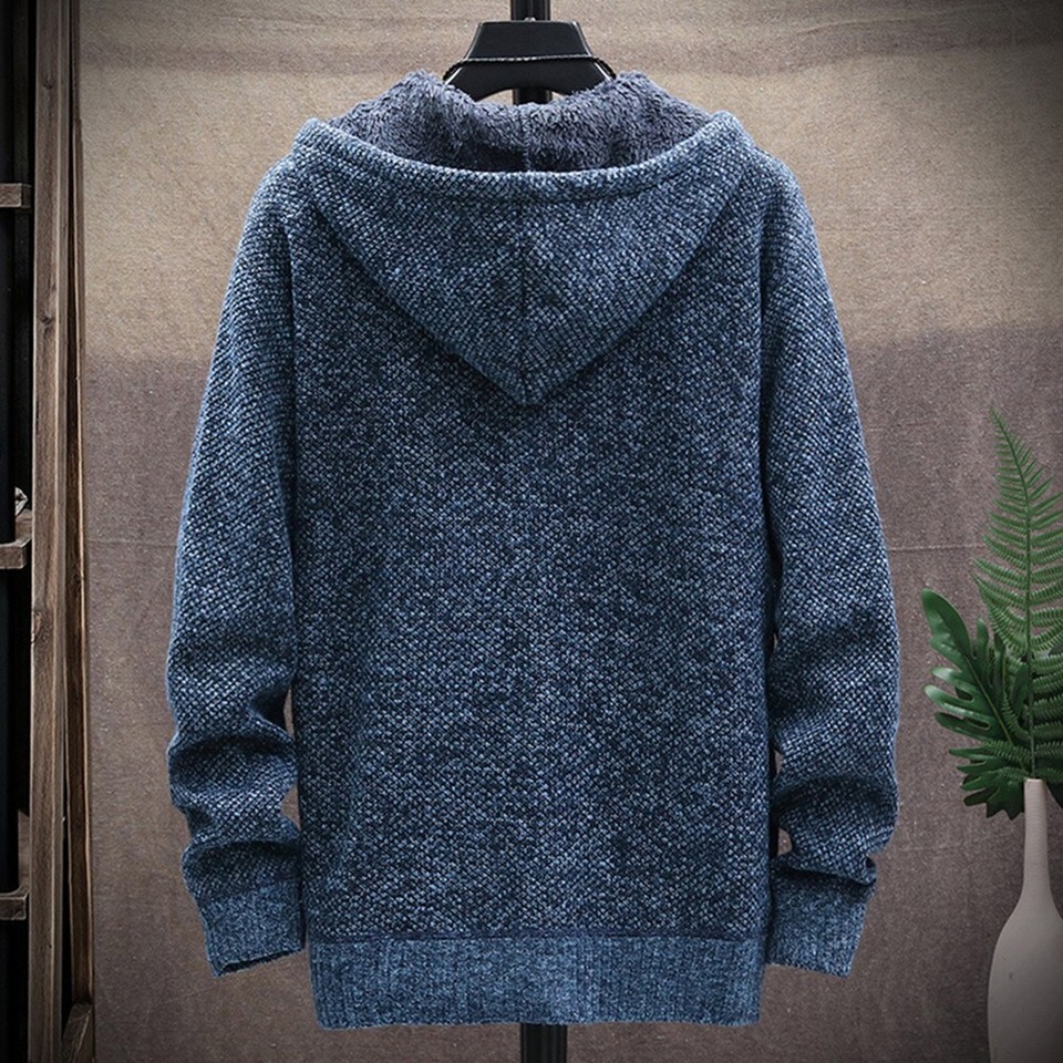 Men's Winter Warm Hooded Knitted Sweater Cardigan Fleece Lined Zip Up