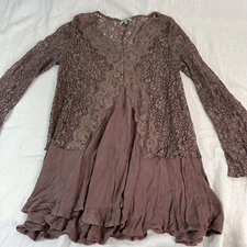 Jodifl Sz S Womens Brown Mini Dress Small Lace Bell Sleeve Hi Low Hem Tunic Top