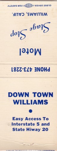 Stage Stop Motel Williams California Matchbook Cover 1960s AS IS Missing Striker