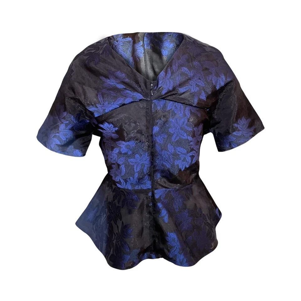 Blusa Top Zac Posen Negra Azul Floral Manga Corta Peplum Poliéster/Seda Talla 4 Foto 4 de 4