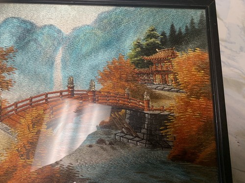 Vintage Art Of Silk Embroidery Waterfall Japan Mountain Bridge - Picture 7 of 10