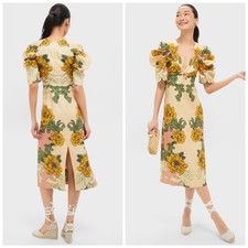 Farm Rio Delicate Flower Arabesques Short Sleeve Midi Floral Dress Linen XL