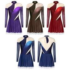 Women Dancewear Rhinestones Costumes Briefs Dresses Sports Dress Mock Neck Mesh