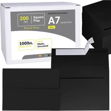 200 Pcs Black A7 Invitation Envelopes 5 1/4 X 7 1/4 Square Flap Envelopes Peel &