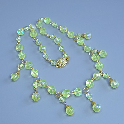 Uranium Glass Necklace 19'' Vaseline Yellow Czech Vintage Beads Women`s Jewelry