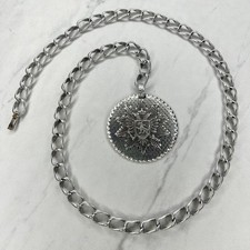 Womens Silver Tone Chain Link Belt Lion Crest Charm Y2K Festival - XS