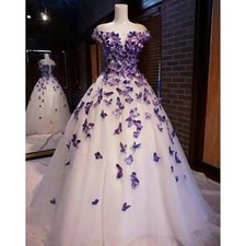 Romantic Purple Butterfly Wedding Dresses Appliques A-Line Garden Bridal Gowns