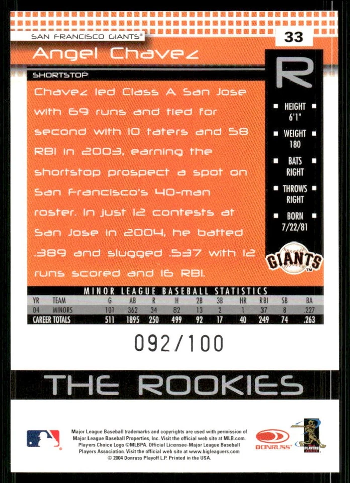 2005 Donruss Rookies Press Proofs Blue #33 Angel Chavez /100 - BB - Image 2 of 2