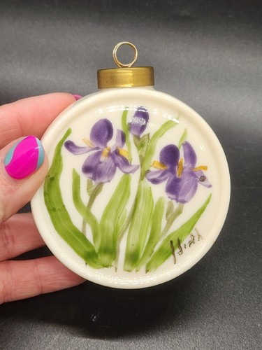 Porcelain Ornament w/Hand Painted Purple Iris Flowers Signed Double Sided - Picture 7 of 12