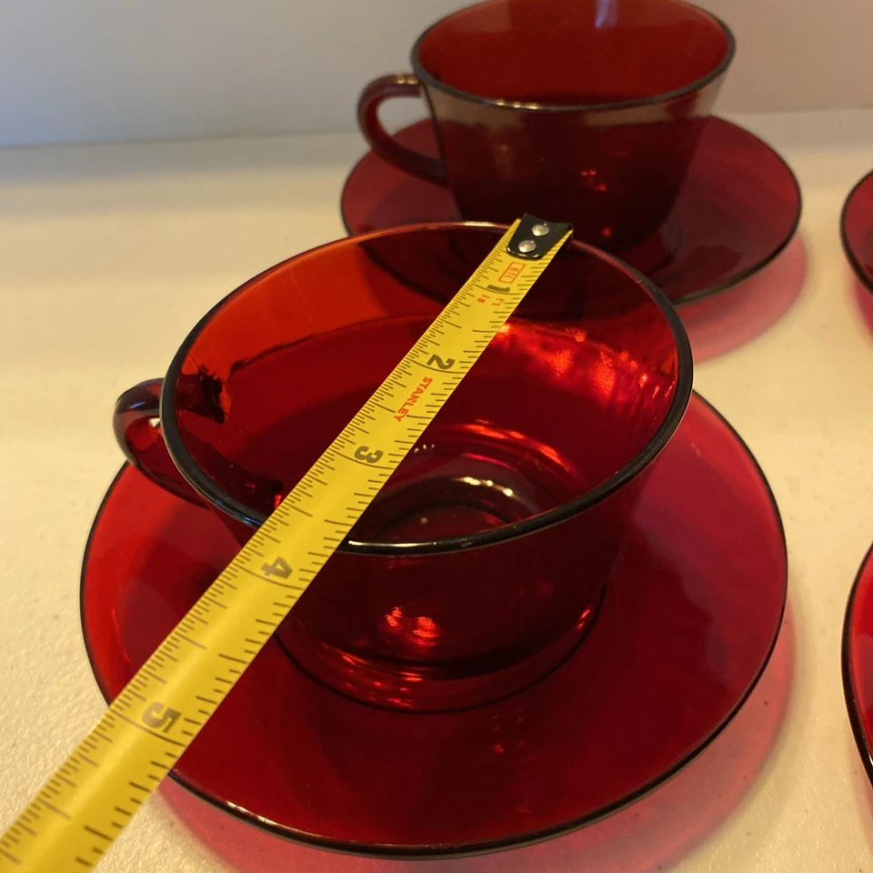 Vintage ANCHOR HOCKING Depression Glass ROYAL RUBY Red 4 Sets Saucers Cups - Image 3 of 4