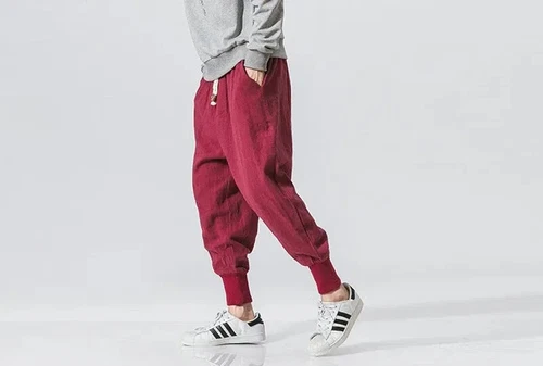Lässige Herren Japanische Jogginghose Baumwolle Leinen Stretch Gummizug Hose Jogger - Bild 12 von 27