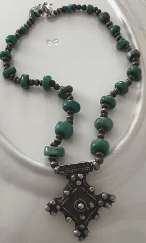 Antique Berber Moroccan Necklace, Silver Cross and