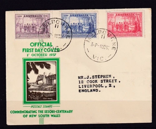 AUSTRALIA 1937 FDC SESQUI- CENTENARY OF NSW WITH FULL SET AND CACHET #C1111