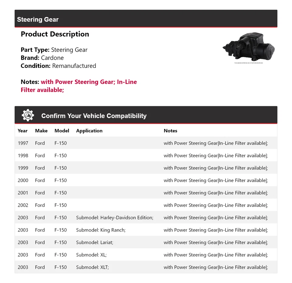 Engranaje de dirección Cardone para Ford F-150 1997-2003 1998 1999 2000 2001 2002 Foto 2 de 4