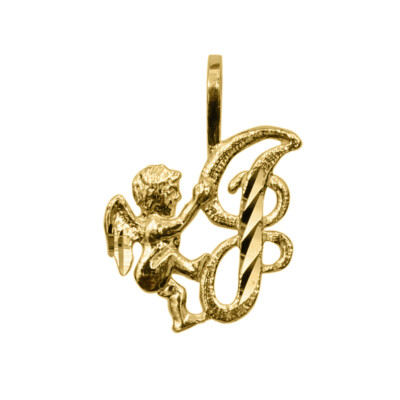 Echt 14k Gelbgold 0,59'' Cherub und Kursivschrift Anfangsbuchstabe J Anhänger