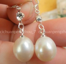 Natural 10x12mm White Freshwater Drop Pearl Dangle Silver Hook Earrings