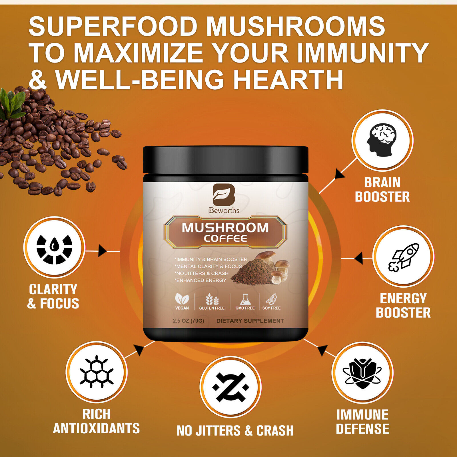 70g Organic Mushroom Coffee--Reishi,Cordyceps, Lion's Mane,Turkey Tail Mushrooms