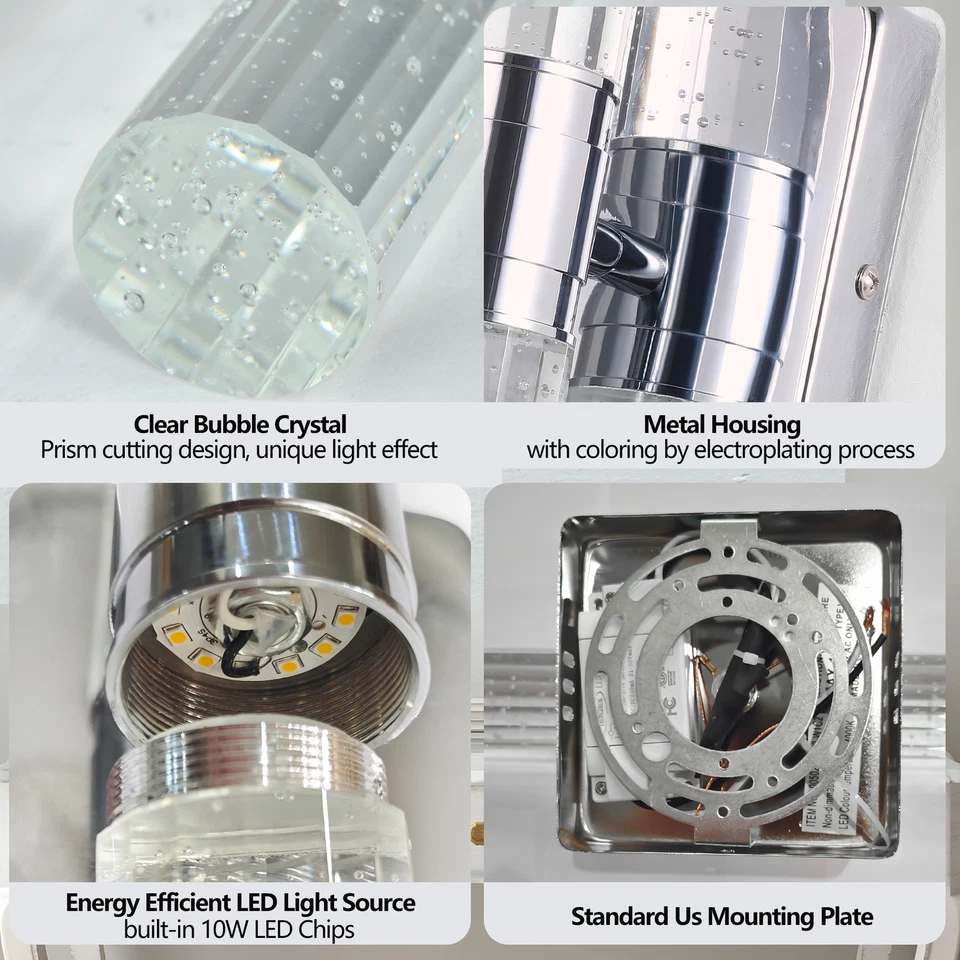 2 Pack Indoor LED Wall Light Bedroom Bathroom Sconce Bubble Crystal Lamp Fixture - Image 4 of 4