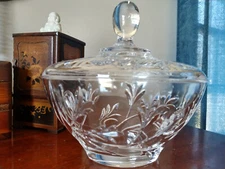 Lovely, antique- ETCHED CRYSTAL CANDY DISH WITH LID