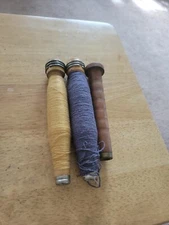 3 Vtg  Wooden Spools Textile Mill 2 With Thread . Bobbin Spindles