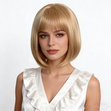 Women Silky Blonde Short Straight Bob Wigs Straight Bangs Synthetic Full Wig