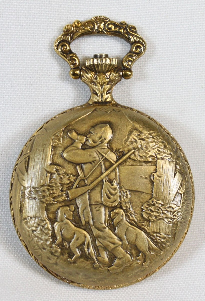 メルメル※ Vtg Marcel Pocket Watch Fantastic Hunting Hunter Dogs Goldtone 17