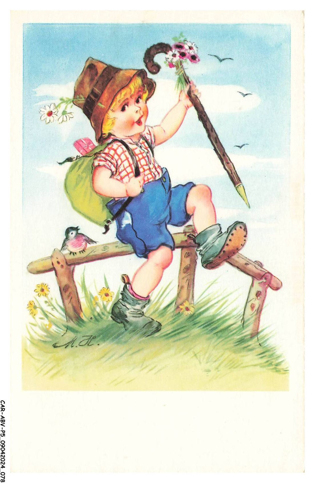 Car-Abvp5-0423-Publicidad - Un Niño Pequeño Mochila - Un Paraguas Y Flores