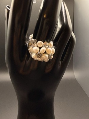 Stretch Beaded Cluster Cocktail Ring Size 6.5 Imitation Pearl & Crystal