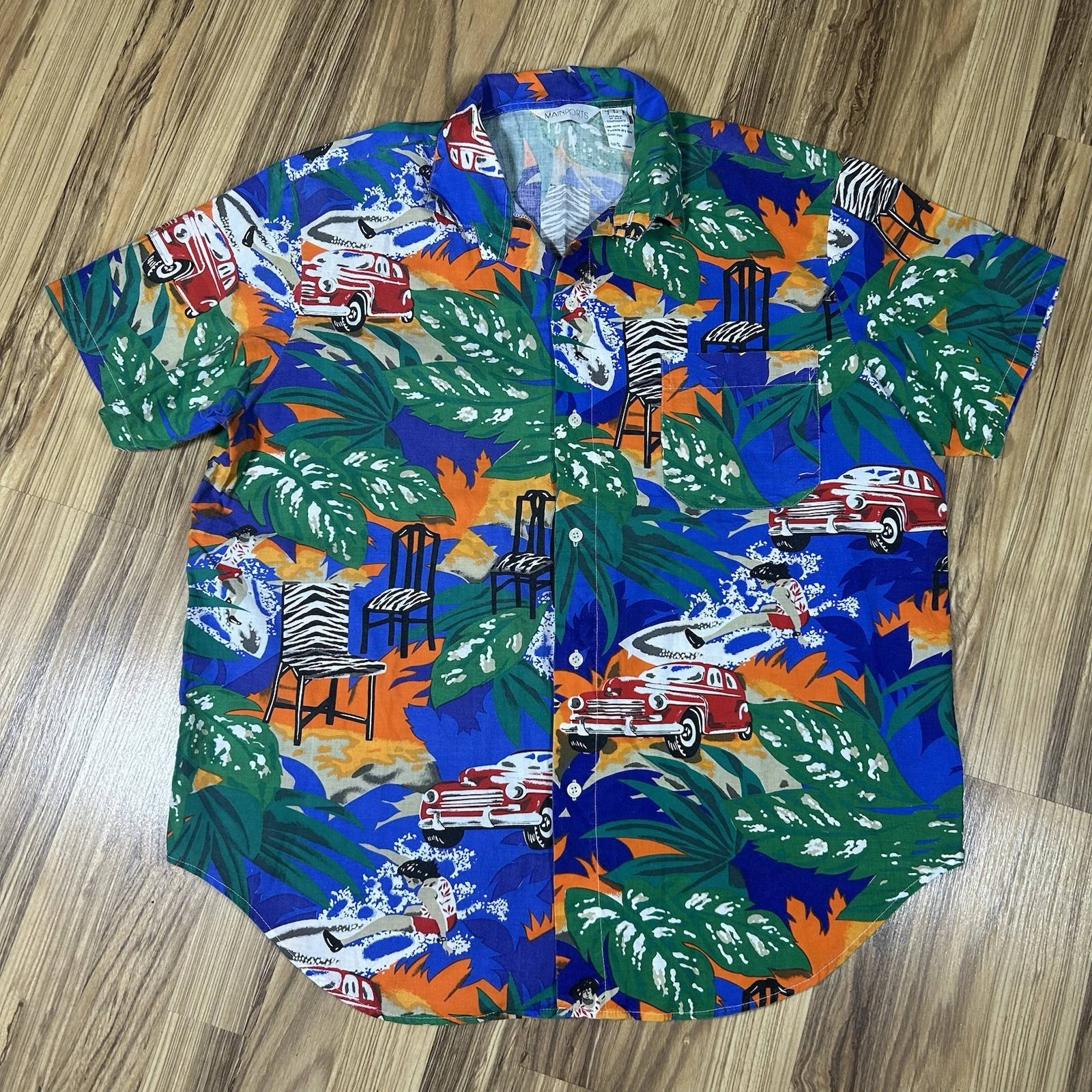 Mainports Hawaiian Shirt Mens L Scenic All Over Print Button Up USA Red Car