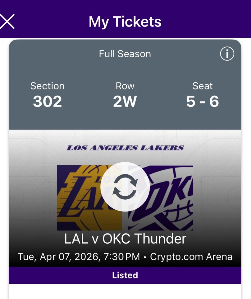 2 Grandes Entradas para The LA Lakers vs OKC Thunder el 4/7/26 Sección 302 Foto 2 de 4