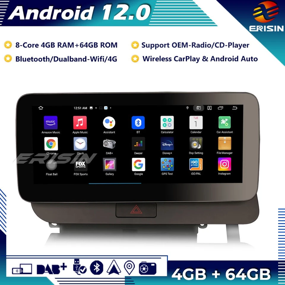 10.25" 8-Core IPS DAB+ Android 13 Autoradio GPS Navi Wifi BT CarPlay for Audi Q5 - Immagine 2 di 4