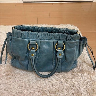 Miu Miu Vitello Lux Gathered Handbag Light Blue Rare Color Bag
