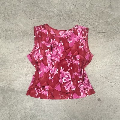 Y2K Pink Floral Top Size Medium M Plissé Micro Pleat Sleeveless Blouse