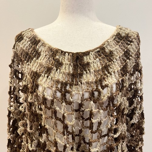Handmade Crochet Poncho Womens OS Brown Cream Fringe Open Knit Boho Hippie Indie - Afbeelding 4 van 10