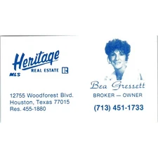 Heritage Real Estate Bea Gressett Houston TX Vintage Business Card SD4-B5