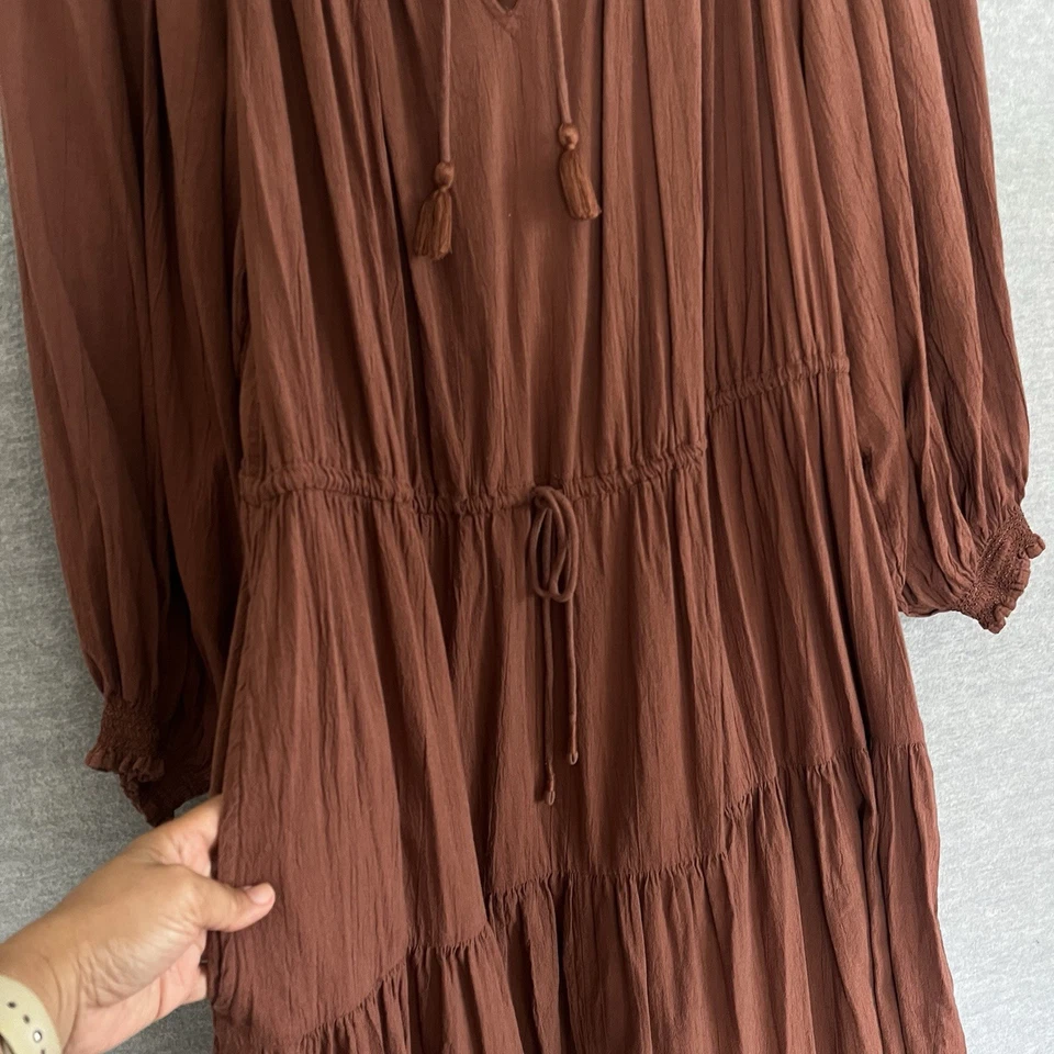 Old Navy Tiered Dress Plus Size 4X Brown Smocked Crinkle Gauze Boho Peasant Midi - Image 4 of 4